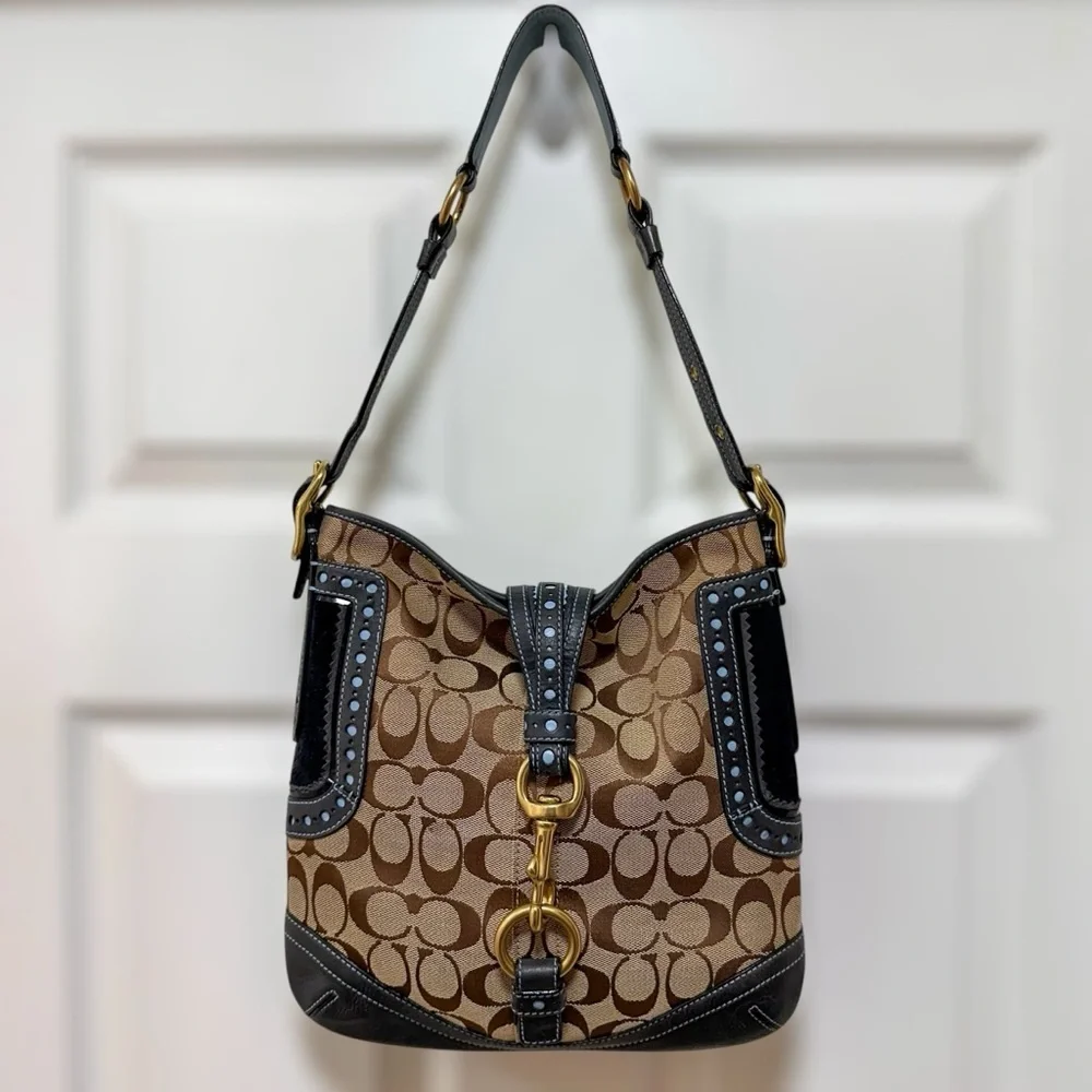 Coach Legacy Hobo Bag Signature Jacquard Perforated Navy Leather